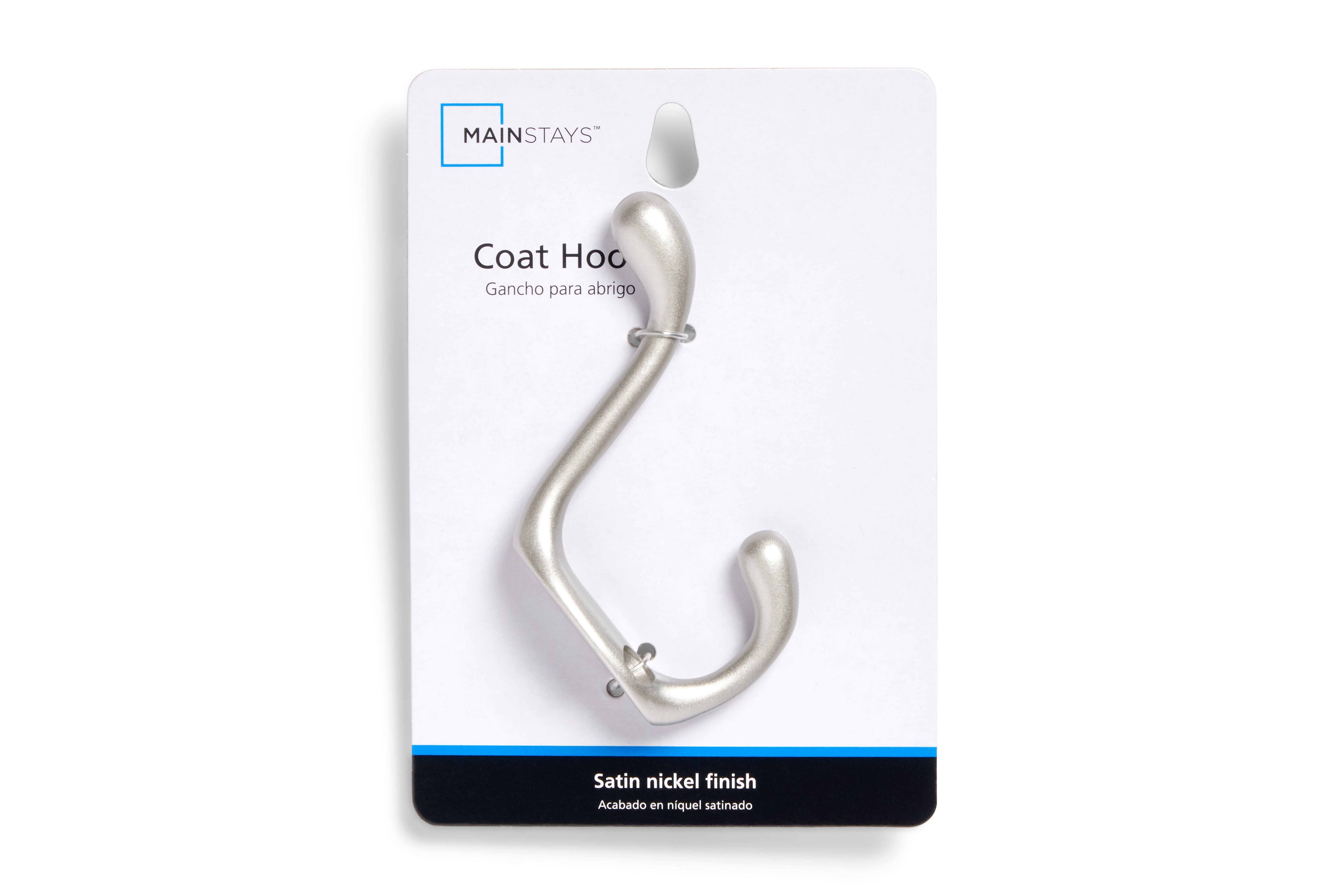 (2 pack) Mainstays, Double Hook Satin Nickel Metal Hook for Hanging Towels and Coats, 10 lbs Capacity, 1 ct