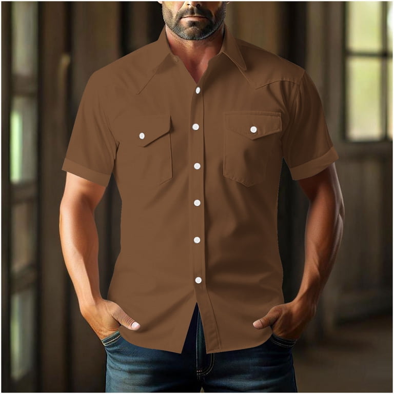 BinBiL Men's Short Sleeve Button Down Casual Woven Shirt Two Chest