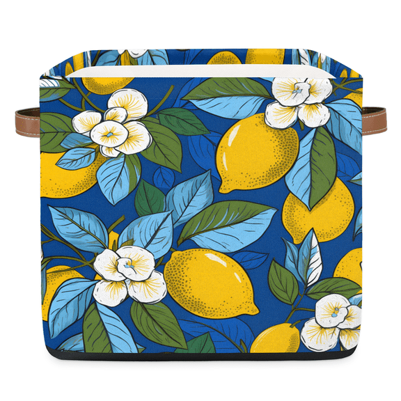 CURLYOOT 13 x 13 Inch Cube Storage Bin, Lemon Fabric Storage Cube Baskets, Summer Fruit Floral Closet Shelves Foldable Bins with Leather Handles for Home Organizer