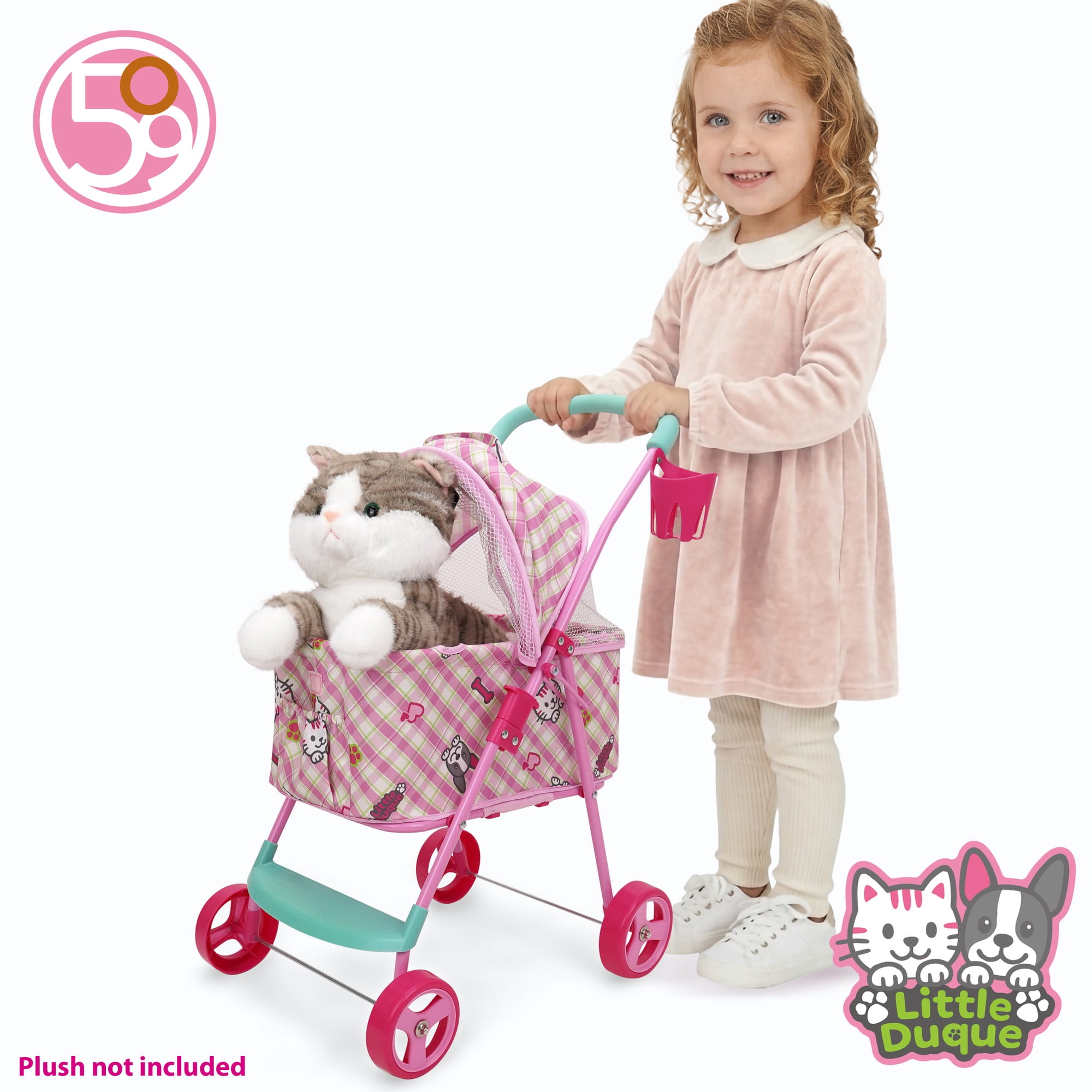 509 Crew: Little Duque 2-In-1 Pet Doll Toy Pram - Pink-Puppy-Kitten Print, Stuffed Animal Stroller w/ Removable Bassinet, Sun Canopy, Roleplay, Kid 3+