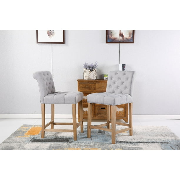 Roundhill Carlisle Gray Counter Height Button Tufted Solid Wood Bar Stools, Set of 2 Walmart