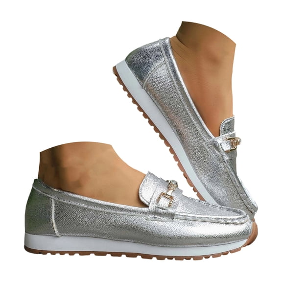 HEWUQI Women's Slip on Boat Shoes Platform Lace up Lightweight Suede Loafers Round Toe Soft Sole Clogs Comfortable Casual Walking Sneakers c-Silver Size 6.5