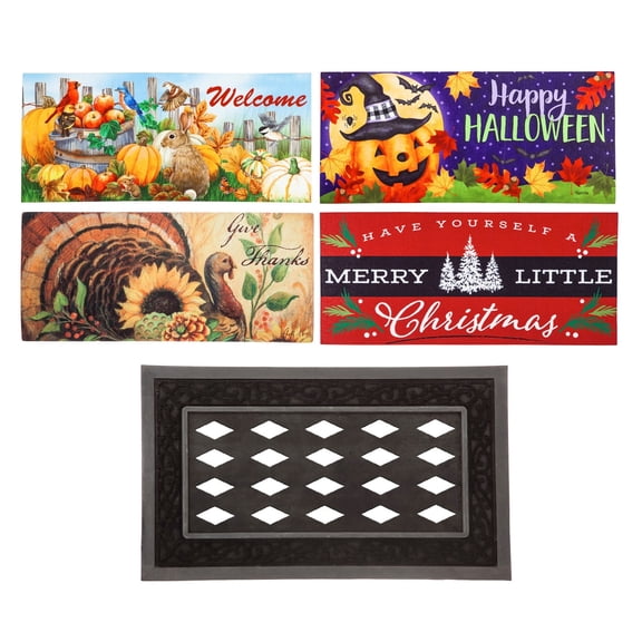 Evergreen Sassafras Fall Holiday Set of 5 Door Mats with Rubber Display Frame, Collection #2 - Multi-Color