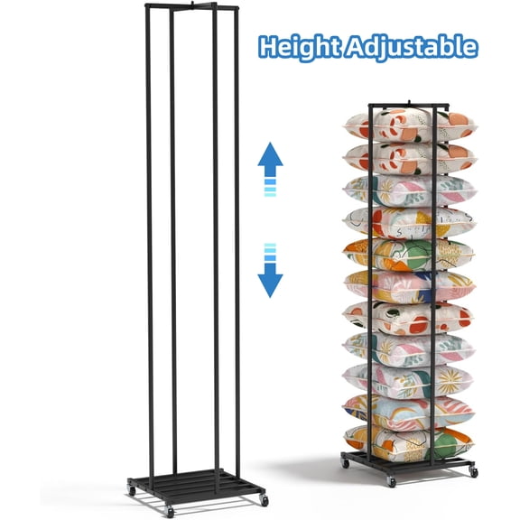 Qunbio Rolling Pillow Storage Rack, 77" Height-Adjustable Metal Pillow Display Stand with Wheels for Retail, Store, Home, Hotel