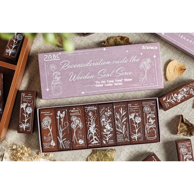 Set de Sellos de Goma Florales SWEETDEER de 8 Piezas con Base de Madera