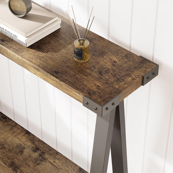 Farmhouse Narrow Console Table with 2-Tier Open Storage Shelf – V-Shaped Metal Legs – Rustic Wooden Entryway or Hallway Sofa Table – Living Room, Behind Couch – 25 Years Vintage Color