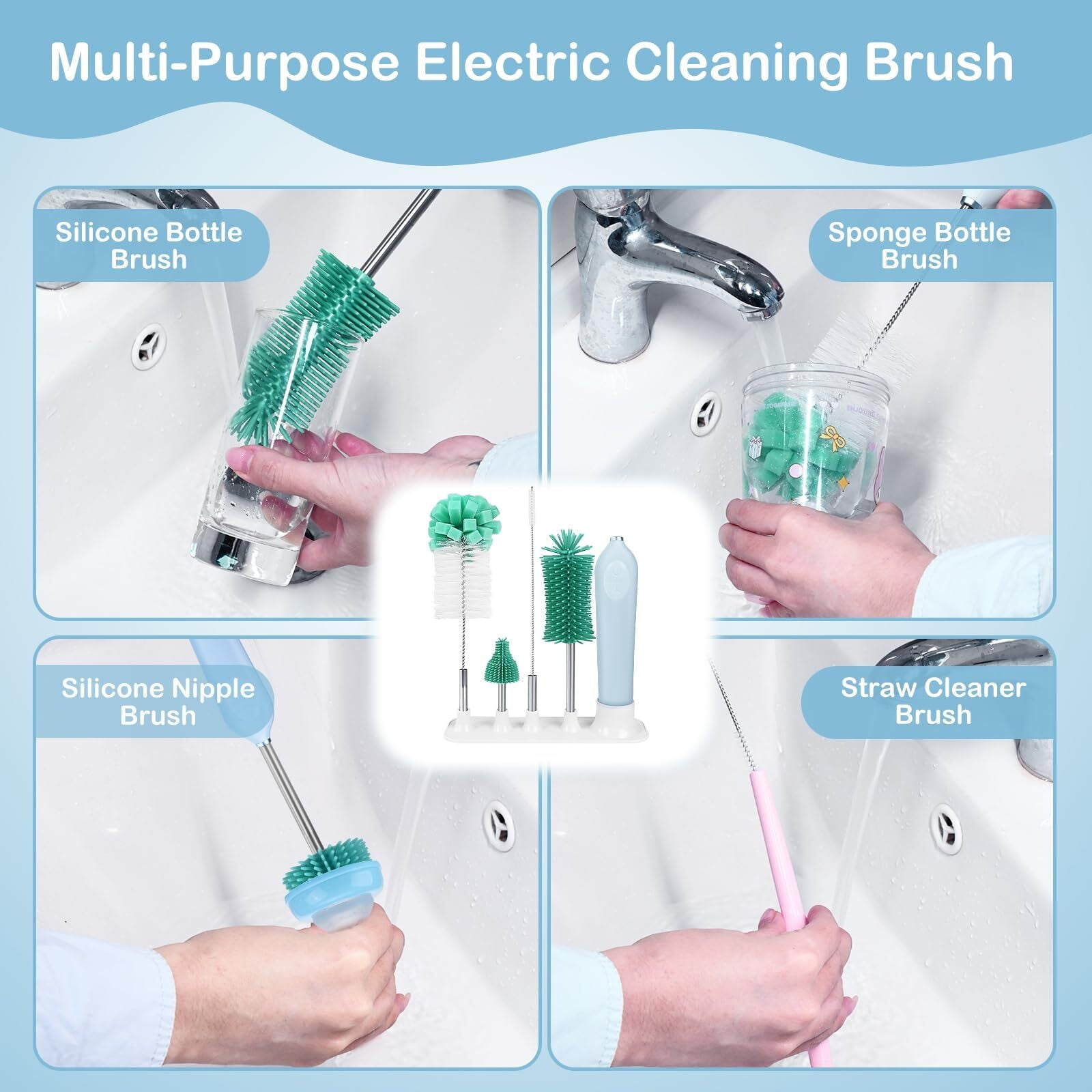 Electric Bottle Brush Cleaner With Holder, Rechargeable Automatic Water Bottle Cleaner With Stainless Steel Extension Handle, Extra Long Water Bottle Brush,Nipple Brush, Straw Cleaner Brush,Green