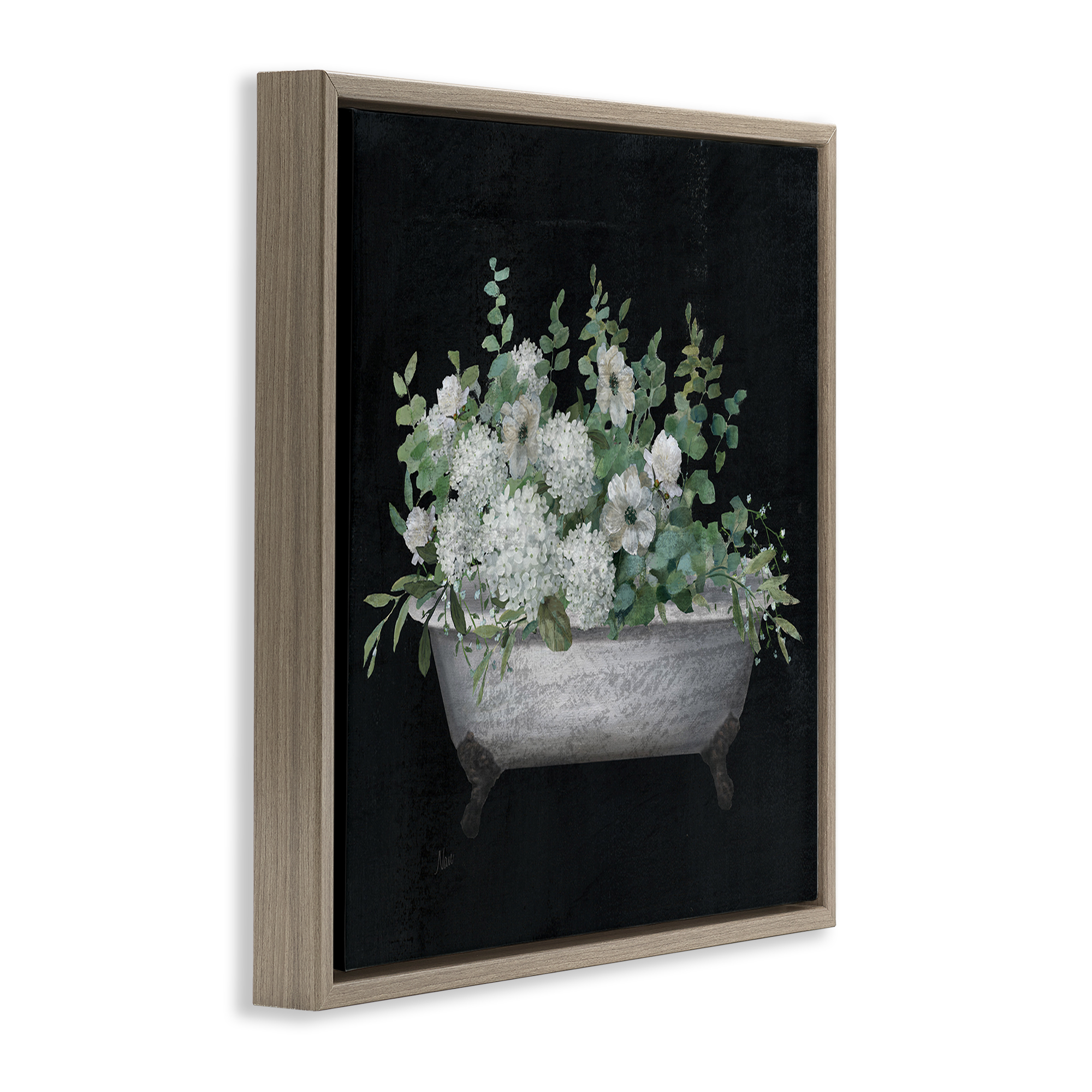 Stupell Industries Floral Bath on Black Typography Painting Brown Floater Framed Canvas Art Print Wall Art, 18 x 18