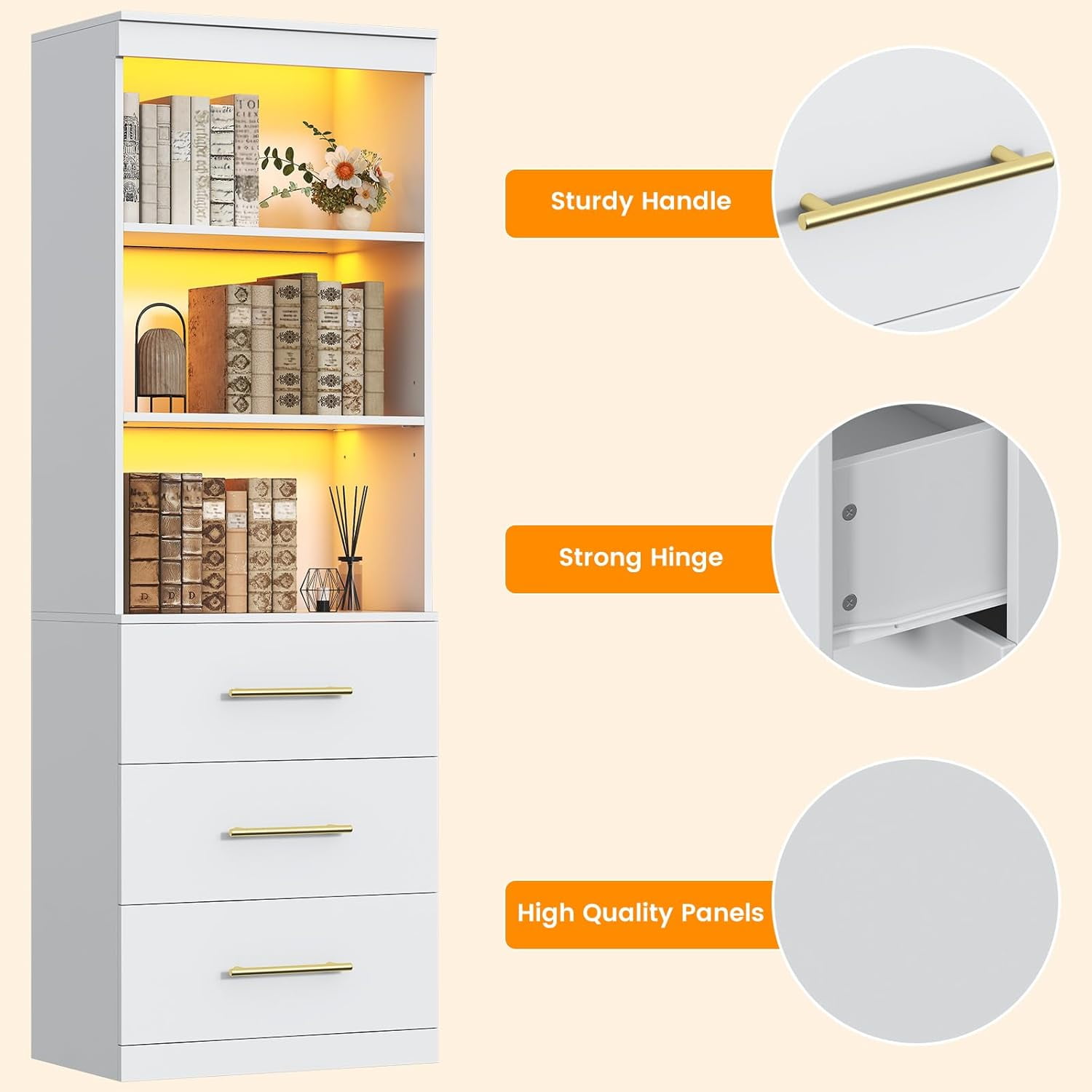 Winkalon 71" H White Bookshelf with Drawers, Bookshelf and Bookcase with 3-Tier Open Shelves, Tall Bookcase Tall Storage Cabinet for Home Office