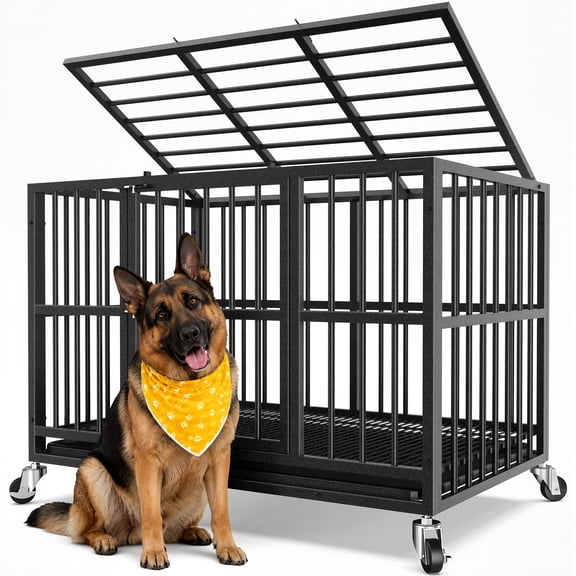 YOKWOK 48 Inch Heavy Duty Steel Dog Crate for Large Dogs, Chew Proof & Escape Proof for High Anxiety Dogs, Indoor Double Doors and Lockable Wheels, Removable Tray, Black