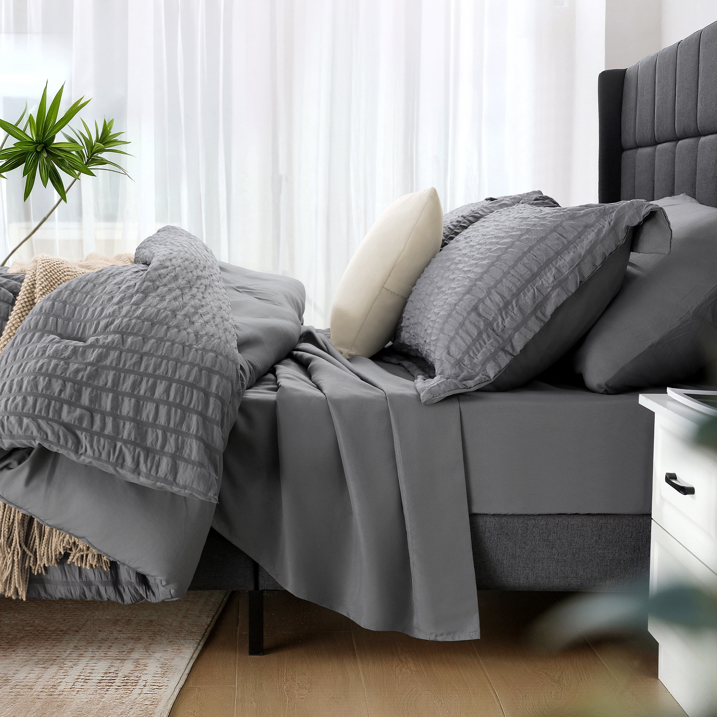 Vccoem 7 Piece Queen Comforter Set, Bed in a Bag with Sheets, Pillowcases & Shams, All Season Soft Bedding, Cozy and Lightweight, Machine Washable, Gray