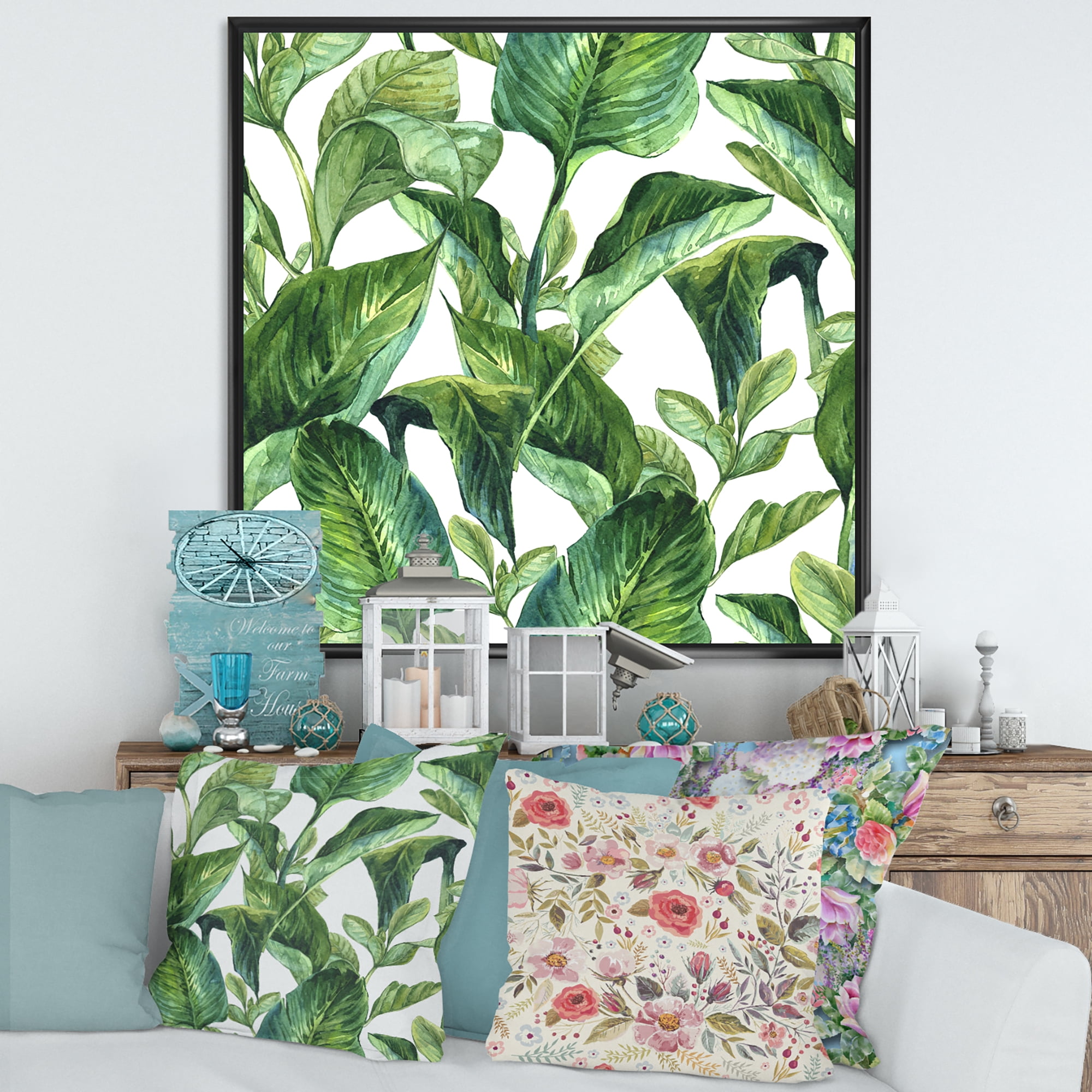 Designart 'Foliage Of Tropical Leaves On White' Tropical Framed Canvas Wall Art Print