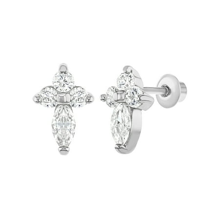 Rhodium Plated Clear CZ Little Cross Screw Back Earrings for Girls or Teens