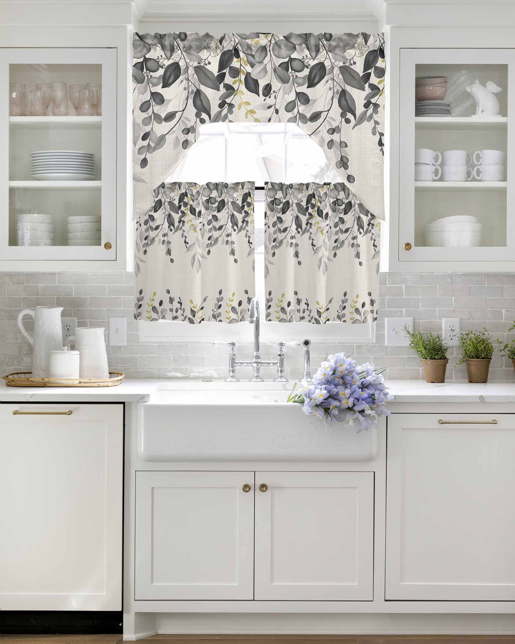 Grey Eucalyptus Kitchen Curtains Sets for Windows 3 Piece, Farmhouse Weeping Leaves on Linen Kitchen Curtains and Valances Tier Set 36 Inch Length Swag Curtain for Living Room Cafe Bathroom Bedroom