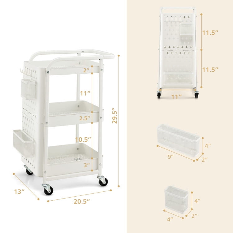 Finihen Rolling Cart, Kitchen Island Cart, 3-Tier Utility Storage Cart with DIY Pegboard Baskets, for Kitchen, Dining Room, White Finihen Rolling Cart, Kitchen Island Cart, 3-Tier Utility Storage Cart with DIY Pegboard Baskets, for Kitchen, Dining Room, White