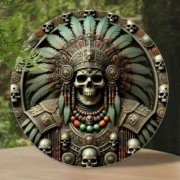 Room Decor 1pc Aztec Skull Aluminum Wall Art, 8x8 inches Round Vintage Metal Sign, Decorative Hanging for Bars, Restaurants, Cafes, Pubs, Garage Decor