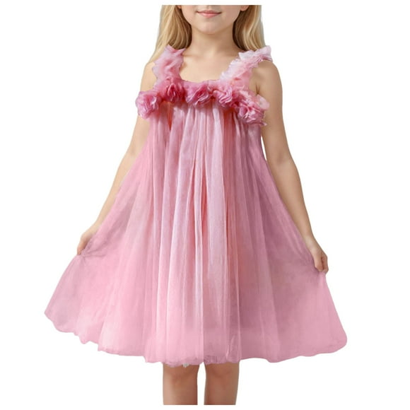 Splozh Girls Tulle Dress Toddler Girls Sweet Flowers Girls Mesh Dress Summer Strap Beach Dress Girls Baby Dress Layered Tulle Tutu Dress for Toddler Baby Girl Pink,12-18 Months
