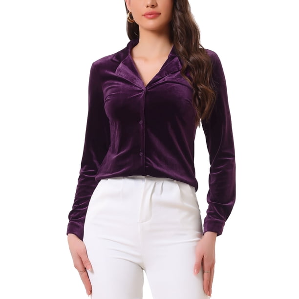 CAMISA DE VELVET PARA MUJER INSPIRADA CHIC, CON BOTONES, CUELLO EN V, MANGAS LARGAS, BLUSA RETRO XL PÚRPURA