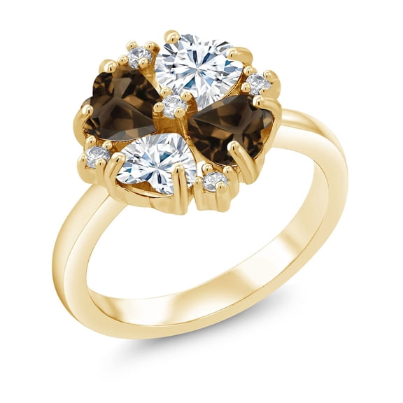 Gem Stone King 18K Yellow Gold Plated Silver Brown Smoky Quartz and White Moissanite Ring for Women (1.80 Cttw, Heart Shape 5MM, Gemstone Birthstone, Size 5)