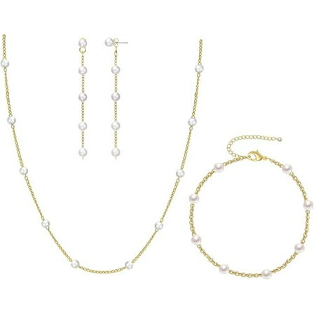3-Piece Pearl Jewelry Set for Women, Dainty 14K Gold Plated Necklace, Bracelet, Drop Earrings & Choker, Adjustable Luxury Wedding Anniversary Gift