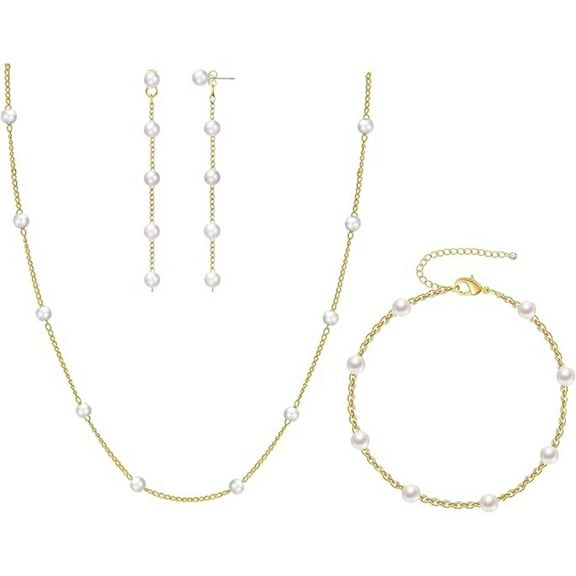 3-Piece Pearl Jewelry Set for Women, Dainty 14K Gold Plated Necklace, Bracelet, Drop Earrings & Choker, Adjustable Luxury Wedding Anniversary Gift