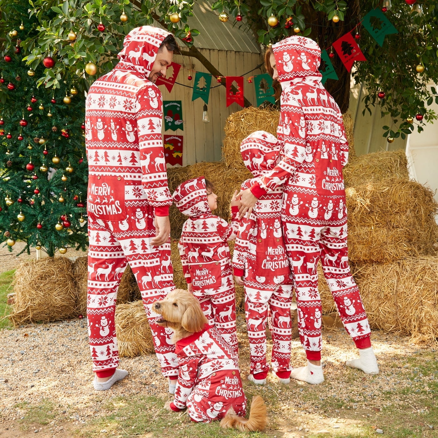 PatPat Christmas Family Matching Allover Red Print Long sleeve Hooded Zipper Onesies Pajamas Sets Flame Resistant Walmart