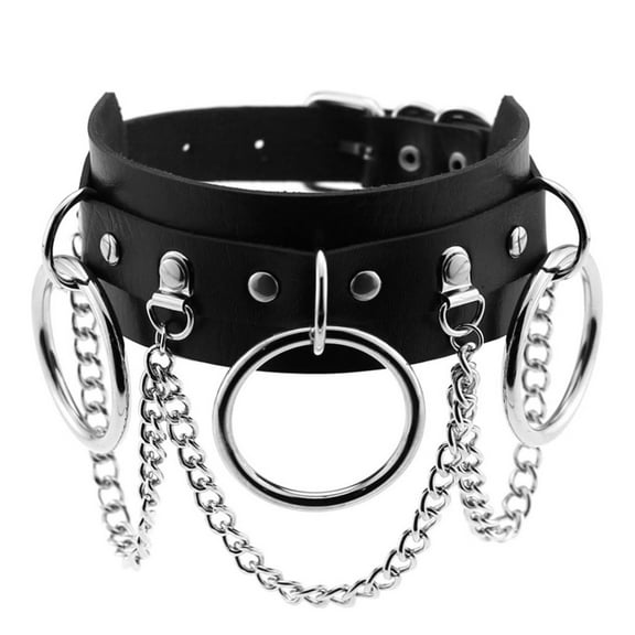 Leather Choker Metal Ring Chain Necklace, Adjustable Punk Collar Chain, Sexy Soft PU Leather Choker Necklace - Black