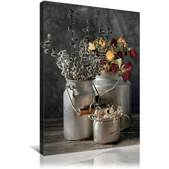 Framed Canvas Wall Art Print Rustic Flower Theme Painting Blooming Floral on Grey Background Vintage Farmhouse Artwork for Living Room Bedroom Kitchen Decoration 12x16in