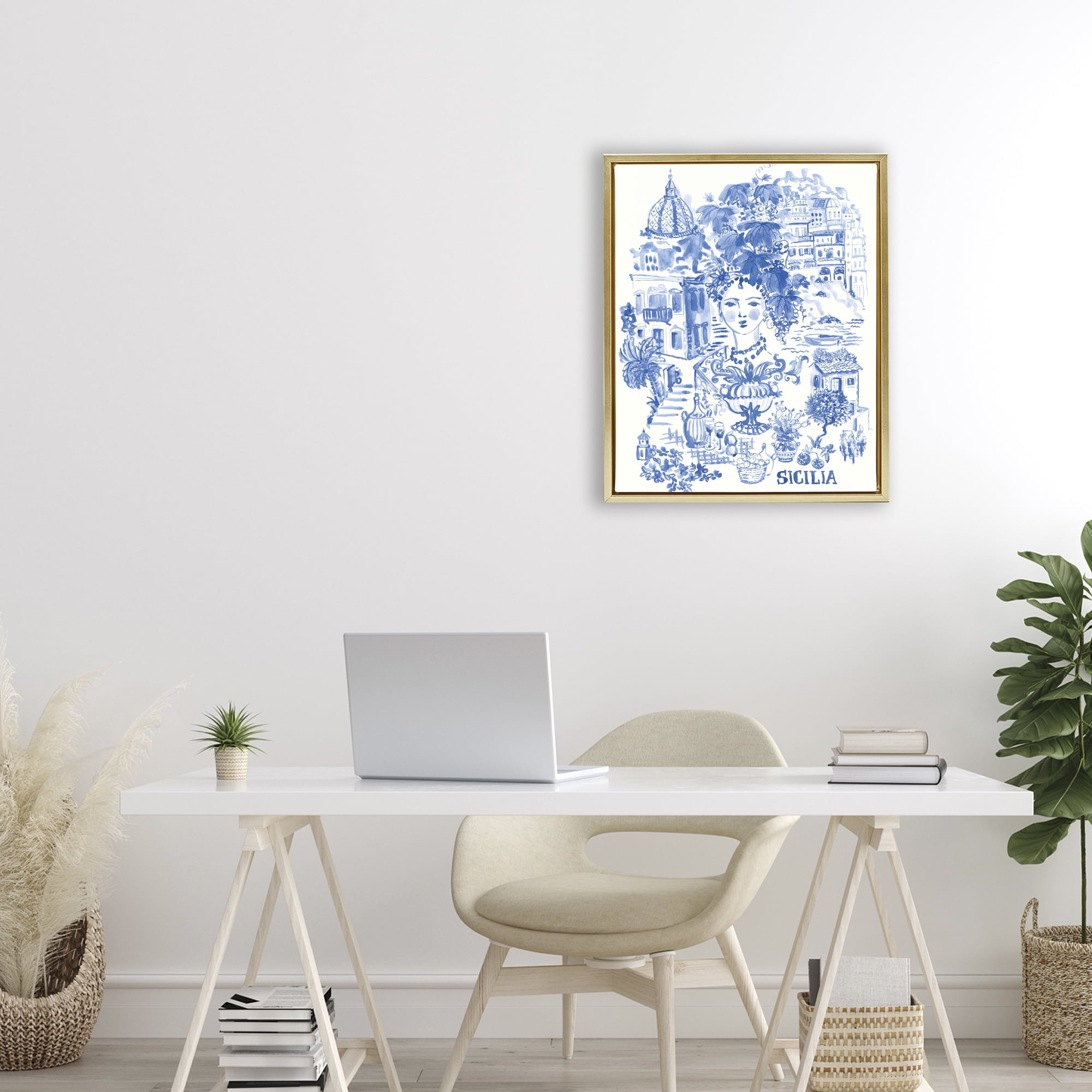 Stupell Industries Sicilia City In Blue Gold Framed Floater Canvas Wall Art, design by Karolina Sato