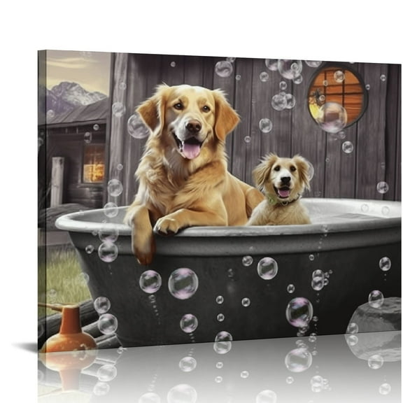 JRXY  Golden Retriever Dogs Wall Art Farmhouse Bathroom Decor Wall Pictures Funny Dog Sitting in Bathtub Canvas Print Painting Rustic Dogs Wall Décor for Bathroom Framed Artwork 20x16in