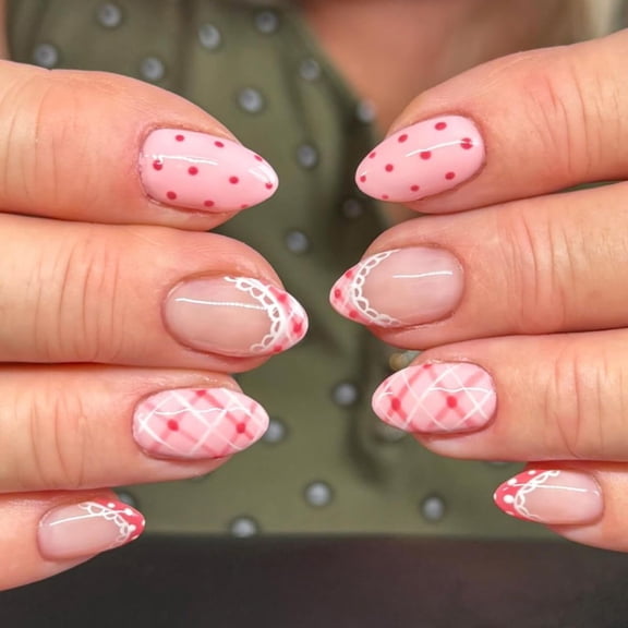 RAGUPEL Cute Pink Press on Nails Short Almond Fake Nails French Tip Nails Press Ons with Polka Dots,Plaid,Lace Design,Reusable Artificial Nail Full Cover Stick on Nails for Women Manicure 24Pcs