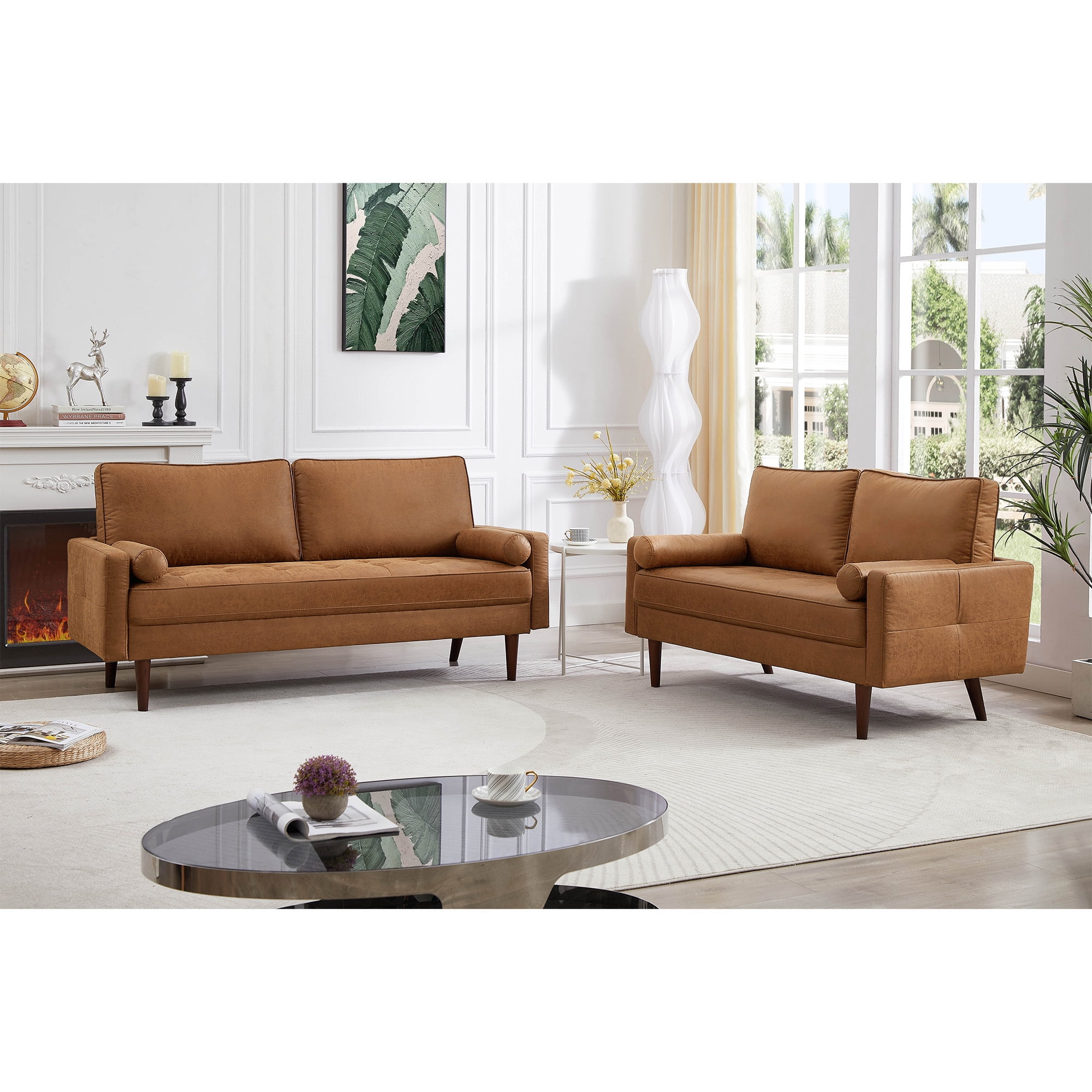 Homfa 2 Seat Leather Sofa with 2 Pillow, 57.5" Mid-Century Modern Loveseat Sofa Upholstered Tufted Couch Small Spaces Furniture for Living Room, Camel