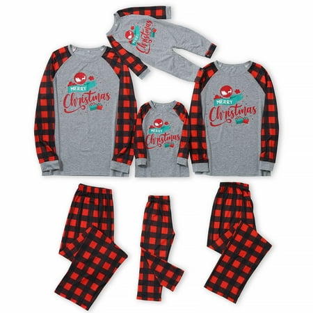 

Matching Family Pajamas Sets Christmas PJ s with Letter Printed Tee and Plaid Pants Loungewear