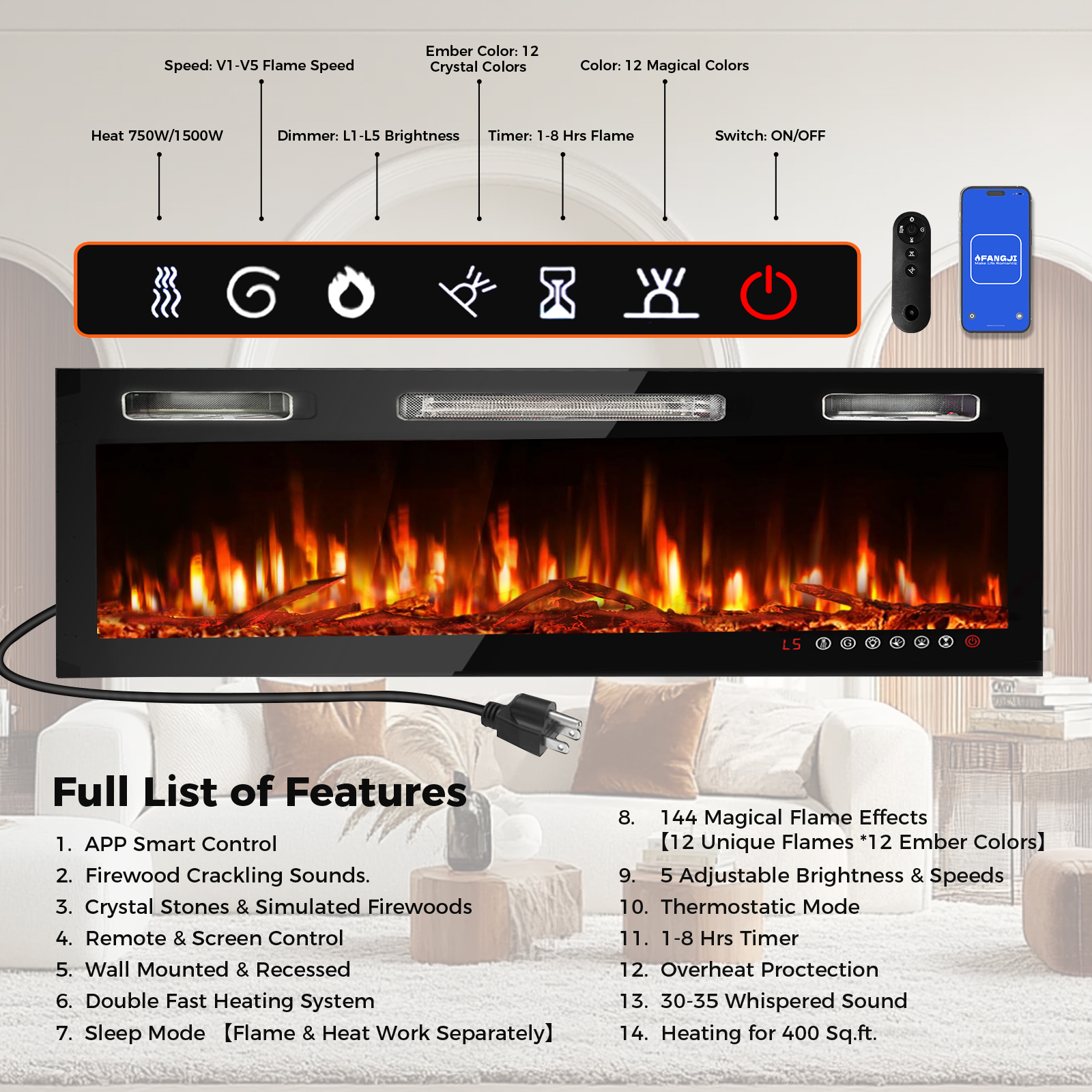 36 inch Ultra-Thin Electric Fireplace in-Wall Recessed and Wall Mounted Fireplace Heater,Linear Fireplace with Multicolor Flame,Timer,Low Noise,750/1500W,Touch Screen & Remote Control(36’’)