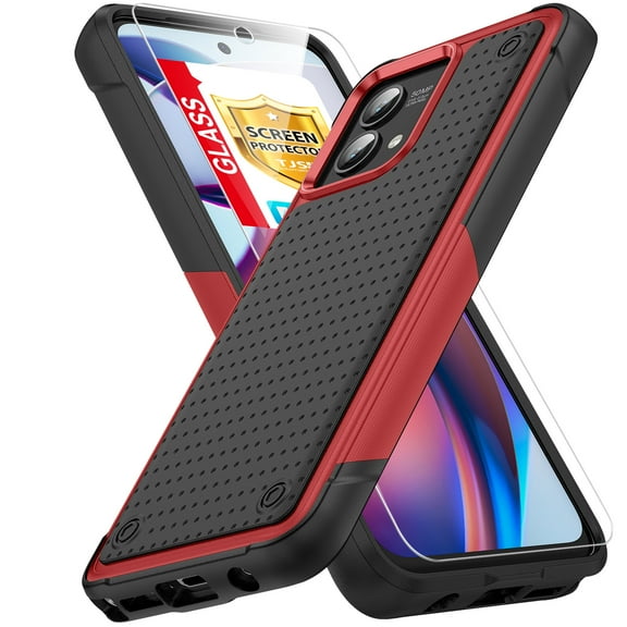 TJS for Samsung Galaxy A15 5G Phone Case, with Tempered Glass Screen Protector, Dual Layer PC Back Soft Bumper Resilient Shock Absorb Protective Cover for Galaxy A15 5G (Red)
