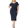 thumbnail image 1 of Vestido midi de talla grande Agnes Orinda para mujeres, con nudo, cuello redondo, manga corta, abertura lateral, color azul marino, talla 2X, 1 of 5