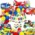 thumbnail image 2 of Decoración de cumpleaños para niños Pancarta de feliz cumpleaños Coches Autobús escolar Tren Camión de bomberos Motocicleta Avión Globos Vehículos de transporte, 2 of 5