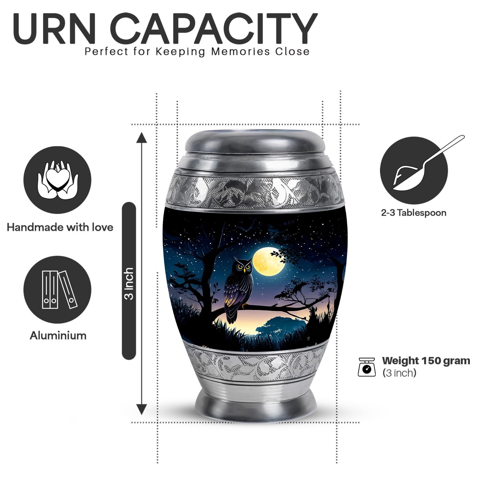 Yatskia Full Moon Owl Large Cremation Urns for Human Ashes Adult Brother and Sister, Small Memorial Keepsake Urn for Adult Ashes, (Monar 10 Inch and 3 Inch)