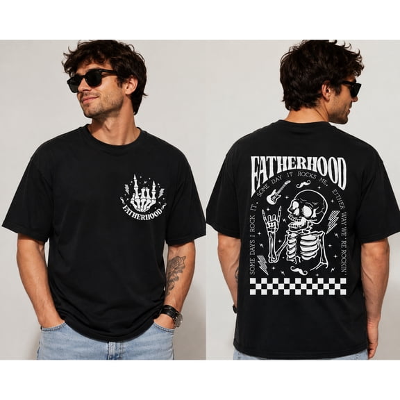 Fatherhood T-Shirt, Rock Music Skeleton Graphic, Funny Dad Short Sleeve Tee, Casual Fatherhood Shirt