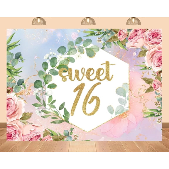 Sweet 16 Birthday Backdrop Pink Roses Green Leaves 16th Birthday Photography Background for Girls Birthday Party Graduation Bridal Shower Party Decorations Banner Supplies Photo Booth Props