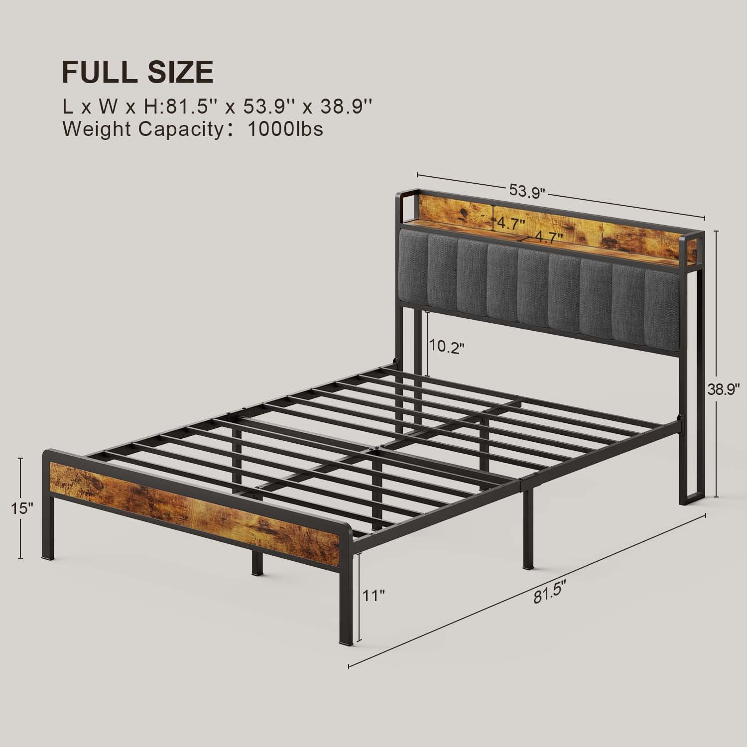 Full Size Bed Frame, Lofka Full Platform Bed Frame with Storage Headboard, Modern Bedroom Furniture, Dark Gray
