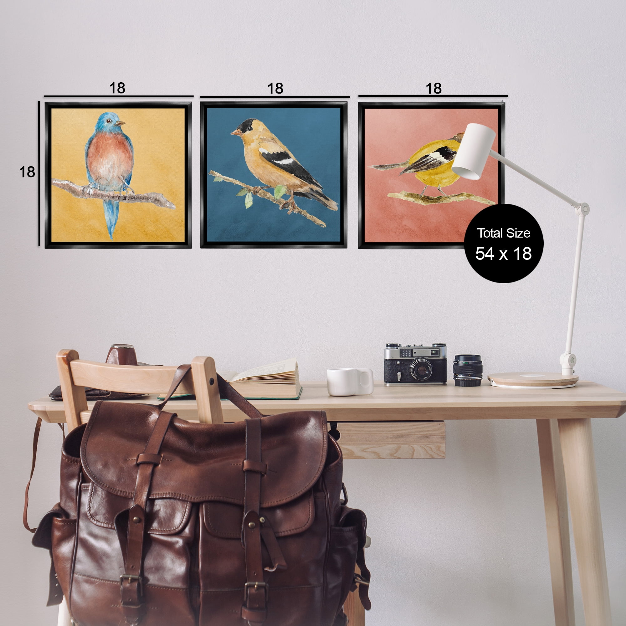 Stupell Industries Brilliant Birds on Branches Animals Painting Black Floater Framed Canvas Art Print Wall Art, 18 x 18, Set of 3