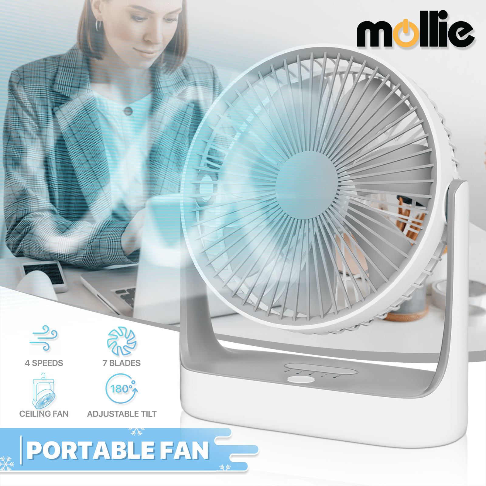 mollie USB Rechargeable Desktop Fan, Wall Mounted Hanging Fan with LED Light and Hook, Speed Adjustable Air Cooler Fan For Home Bedroom, White
