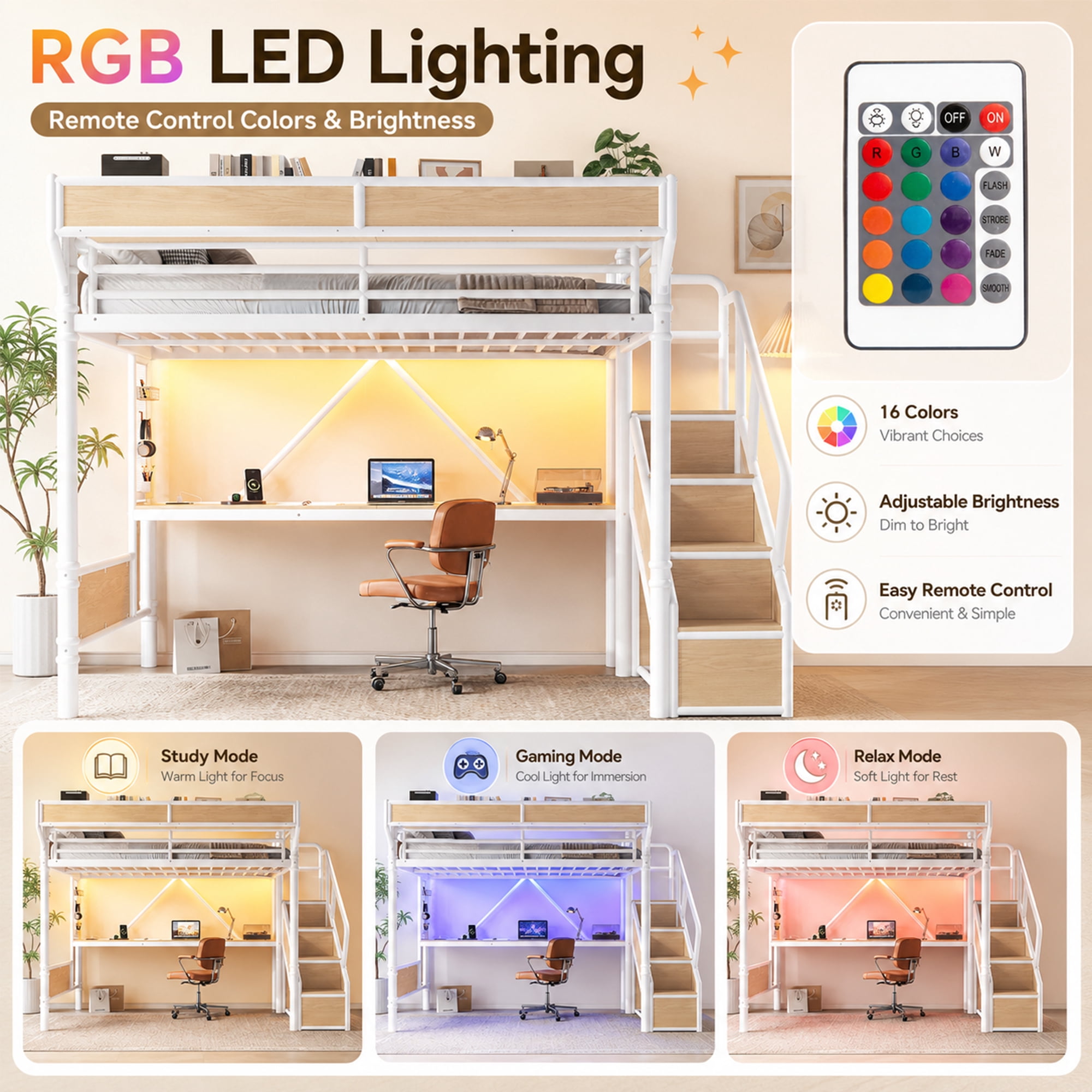 Leumius Queen Size Metal Loft Bed with Built-in Desk & Power Outlet, LED Strip, Industrial Metal Loft Bed Frame with Pegboard & Mesh Storage Baskets, Storage Stairs with Wardrobe, White