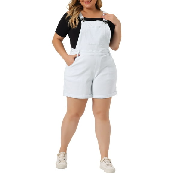 Agnes Orinda Plus Size Overall Shorts for Women Jumpsuit Roll Hem Pocket Jean Denim Overalls 5X White