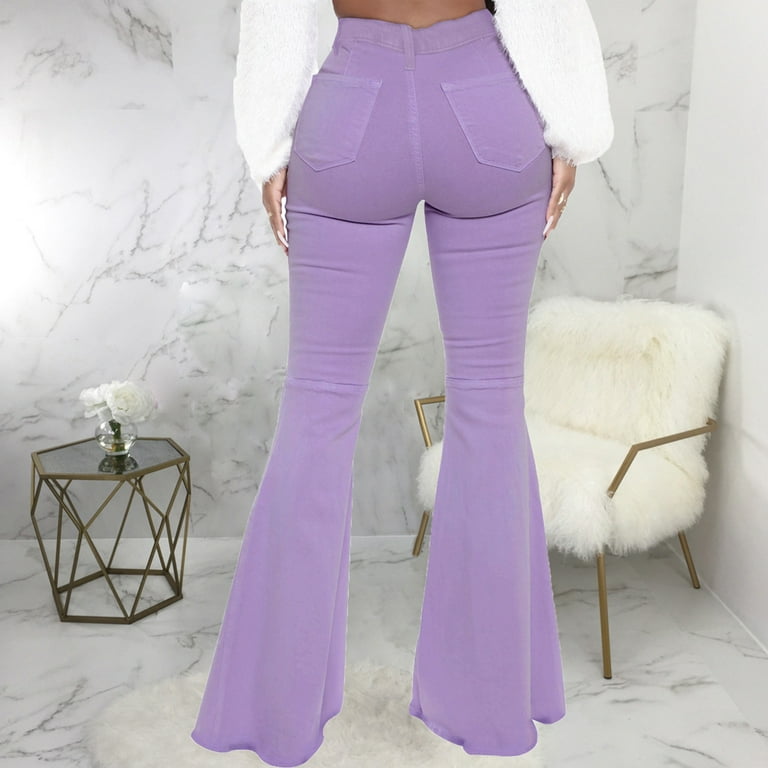 SMihono Women's Fashion Denim Button Zipper Solid High Waist Pockets Jean  Wide Leg Pants Flare Trousers Oversized Full Length Pants for Teen Girls