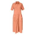 thumbnail image 5 of Vestido camisero largo con bolsillos y manga corta liso para mujer, poliéster spandex, estilo informal similar al lino, tallas S-XXXXXL, 5 of 5