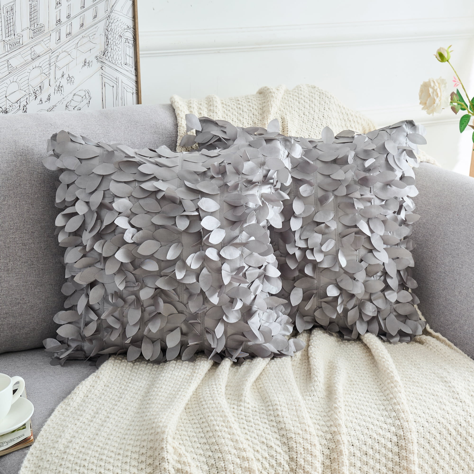 Unique Bargains Sequins Leaf 3D Throw Pillow Cover Pack of 4 Solid Color Cushion Covers Grey 18" x 18"