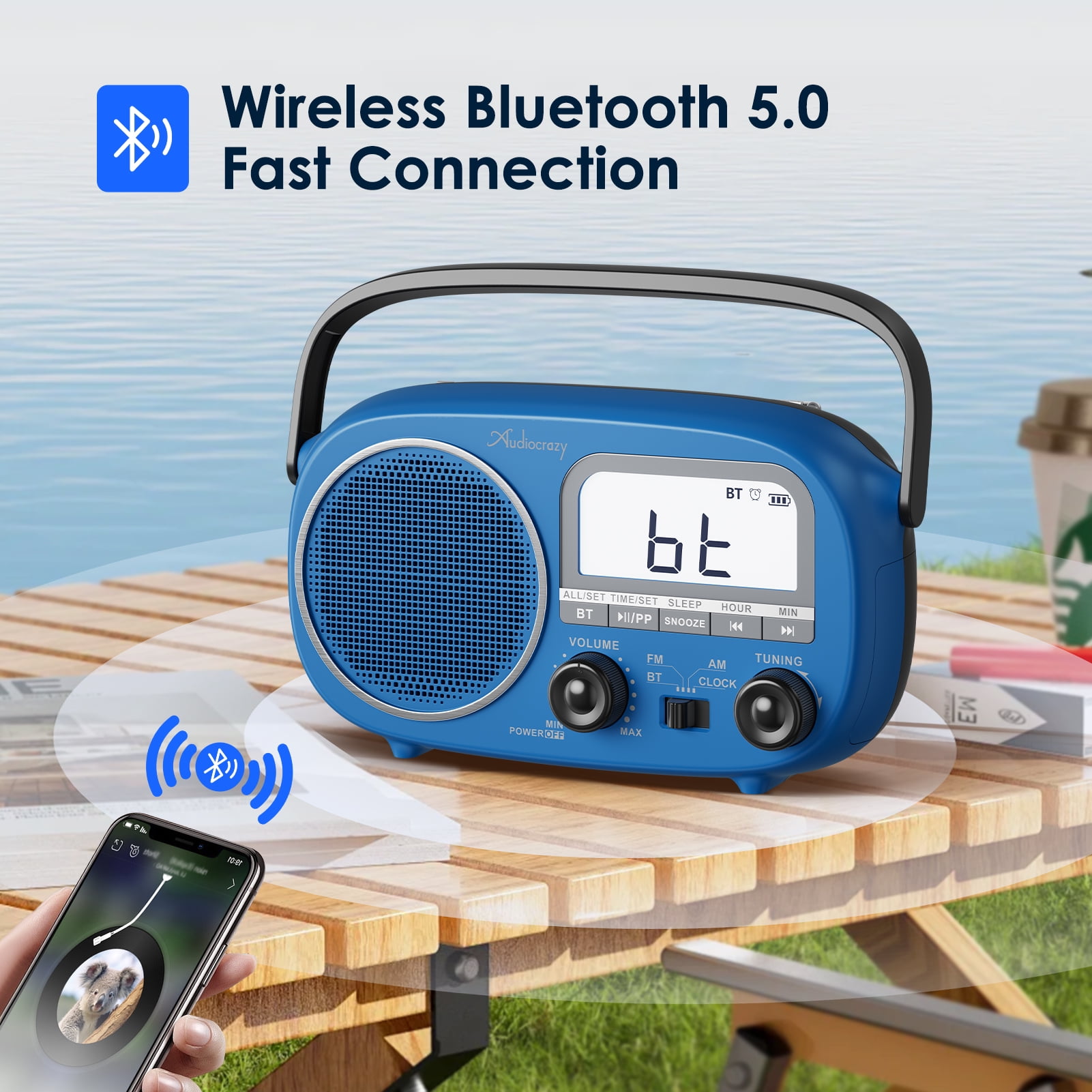 Portable AM FM Rechargeable Radio with Best Reception, Digital Time/Station Display,AC Power or Battery Power Radio with Bluetooth Speaker for Home/Kitchen/Outdoor Blue