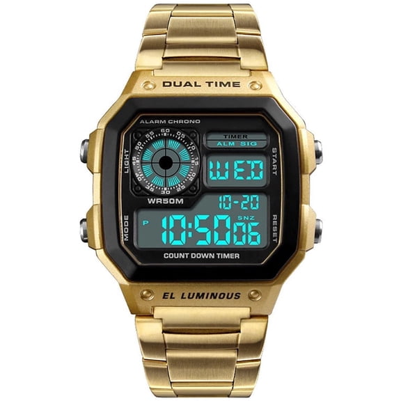 ZOLOHONI Men's Digital Gold Stainless Steel Watch Back Light Multifunction Stopwatch Waterproof Sport Watches
